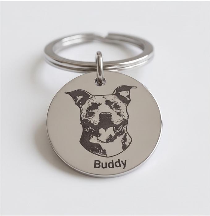 Custom Laser-Cut Pet Portrait Keychain, Engraved Dog and Cat Photo Tag (Stainless Steel)