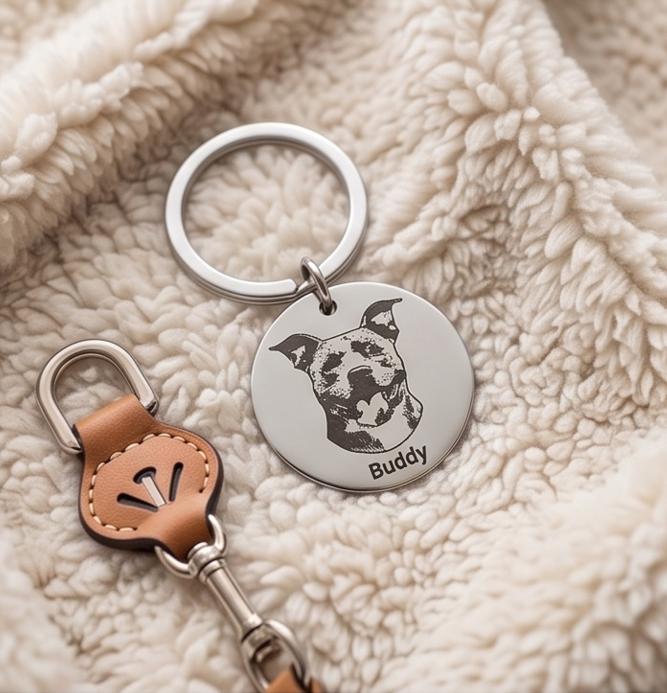 Custom Laser-Cut Pet Portrait Keychain, Engraved Dog and Cat Photo Tag (Stainless Steel)