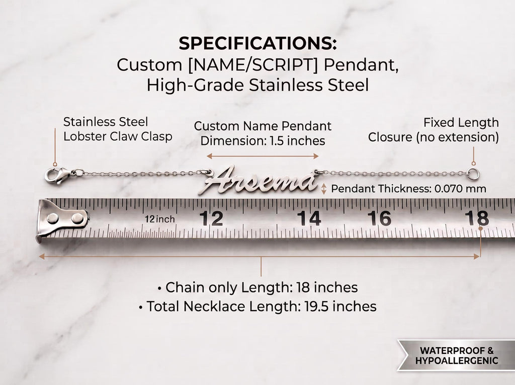 Custom Stainless Steel Name Necklace, Brush Script MT, Amharic Arabic Pendant (Waterproof)