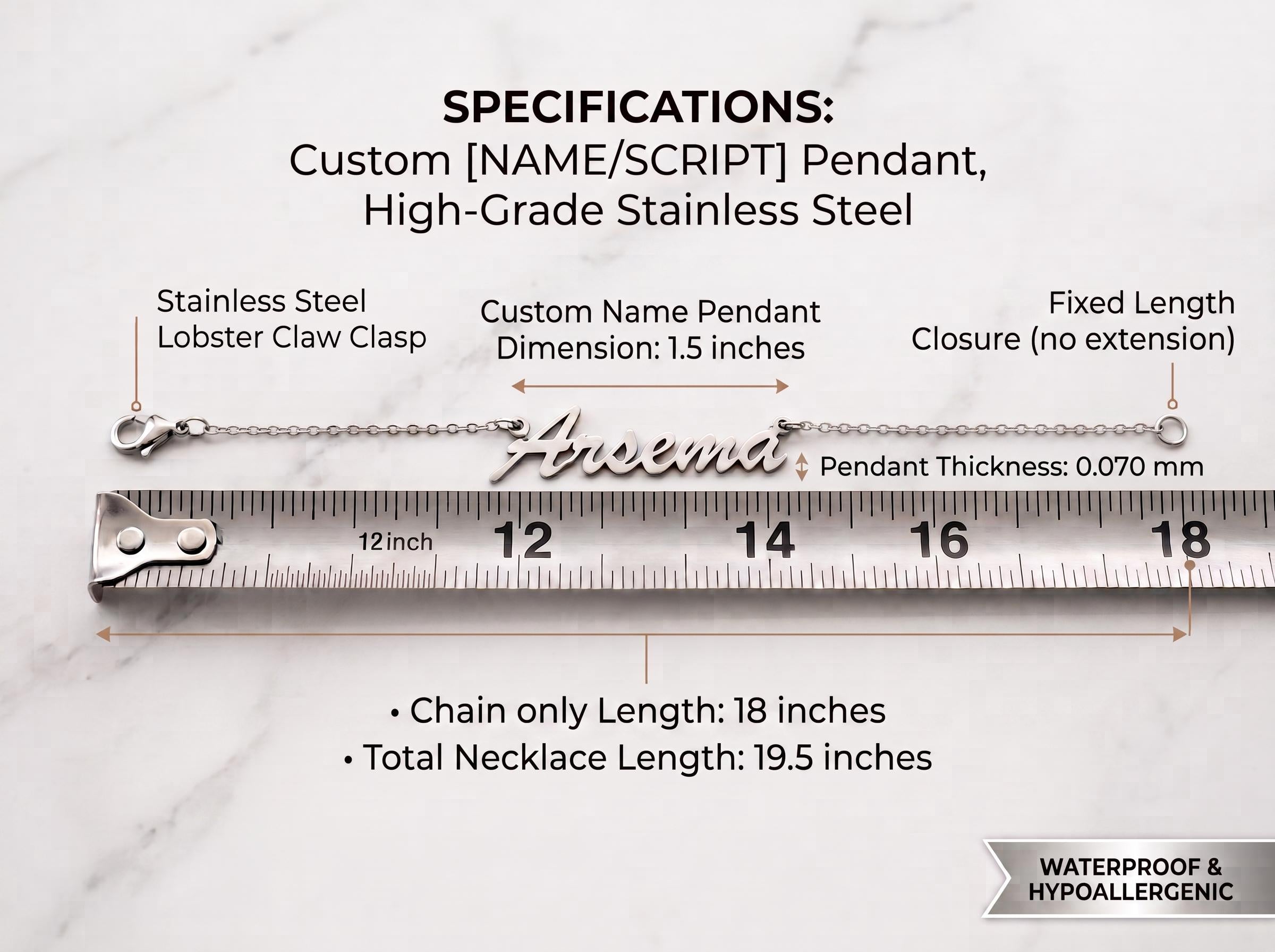 Custom Stainless Steel Name Necklace, Brush Script MT, Amharic Arabic Pendant (Waterproof)