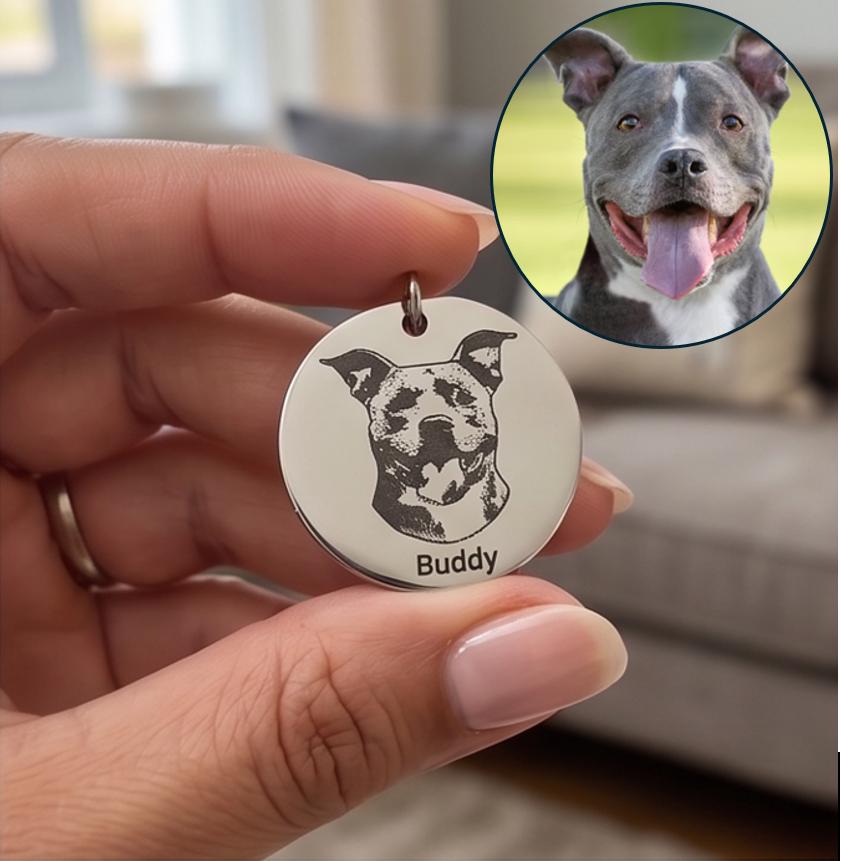 Custom Laser-Cut Pet Portrait Keychain, Engraved Dog and Cat Photo Tag (Stainless Steel)