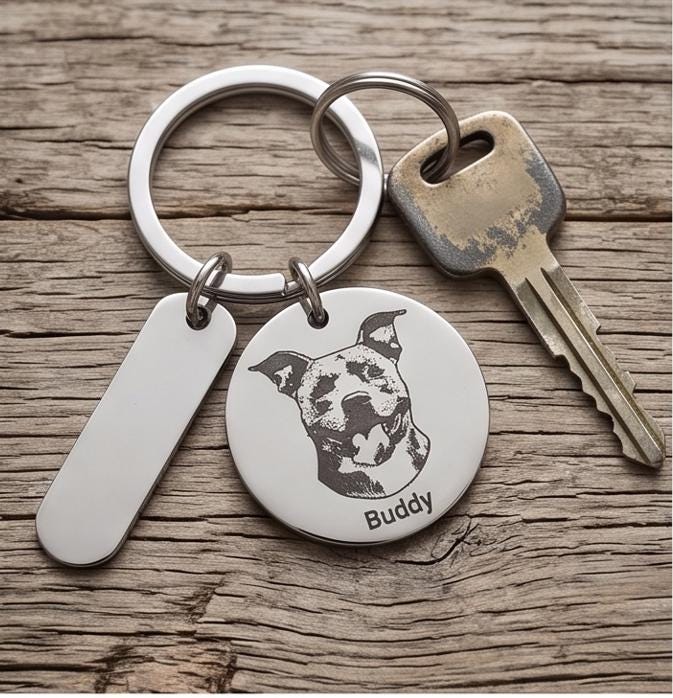 Custom Laser-Cut Pet Portrait Keychain, Engraved Dog and Cat Photo Tag (Stainless Steel)