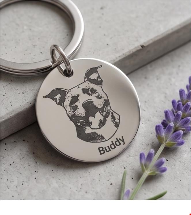 Custom Laser-Cut Pet Portrait Keychain, Engraved Dog and Cat Photo Tag (Stainless Steel)